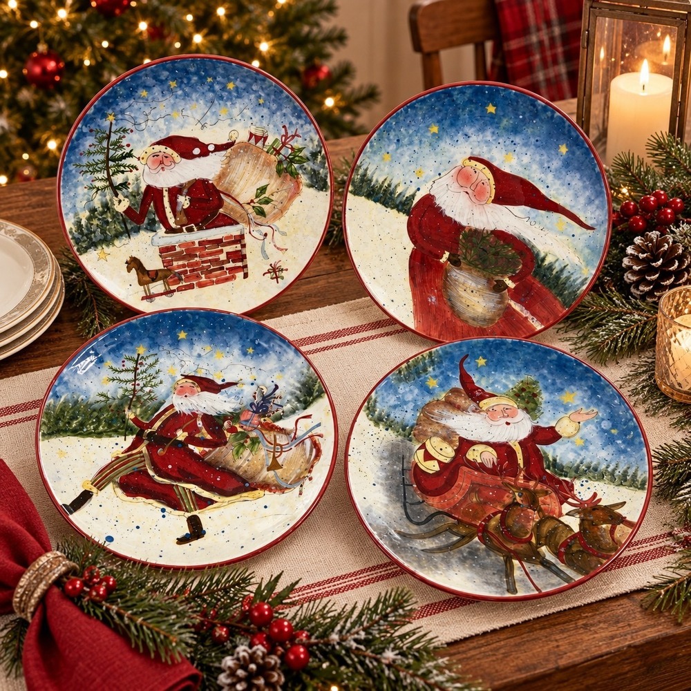 Susan Winget Enchanted Santa 8" Plates Set Of 4 Certified International Folk Art